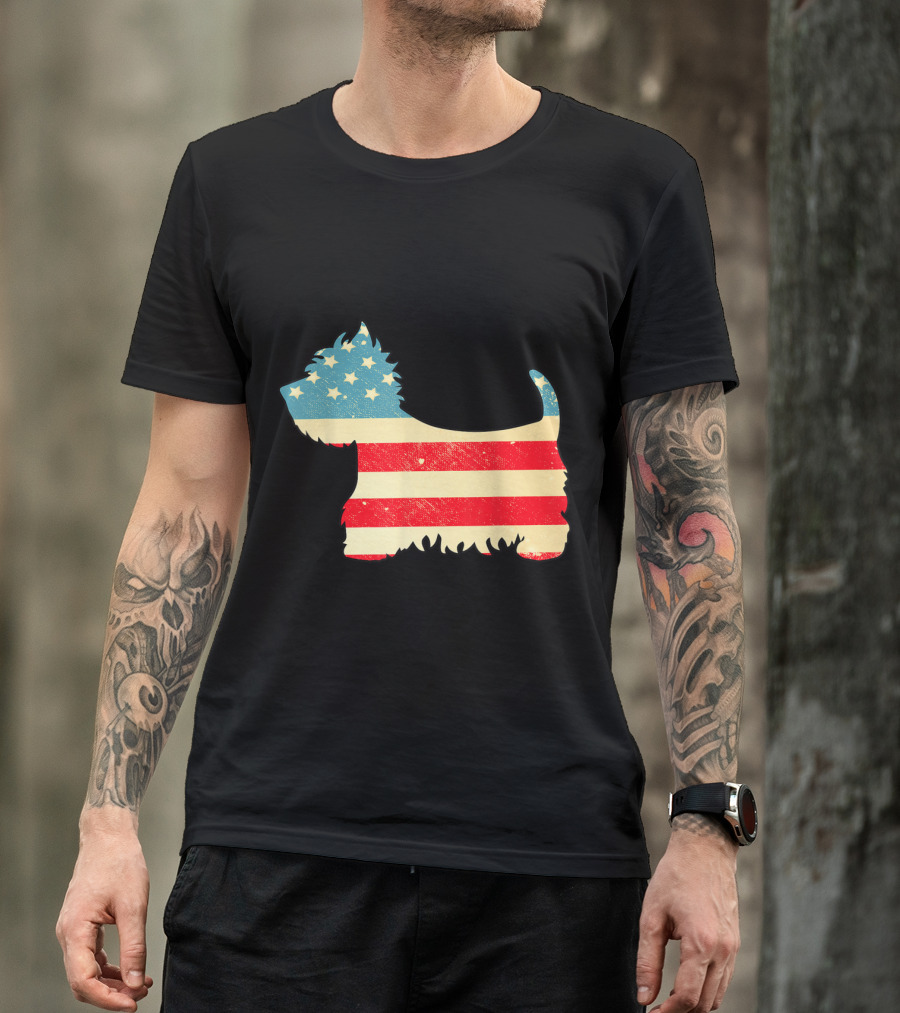 Vintage American Flag Westie Dog Silhouette 4th Of July T-Shirt