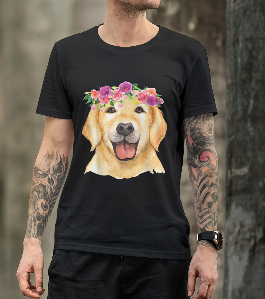 Golden Retriever Cute Golden Retriev Floral Crown T-Shirt