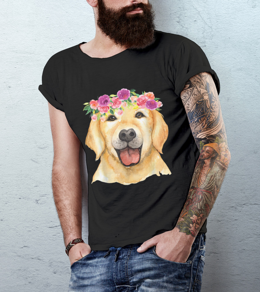 Golden Retriever Cute Golden Retriev Floral Crown T-Shirt