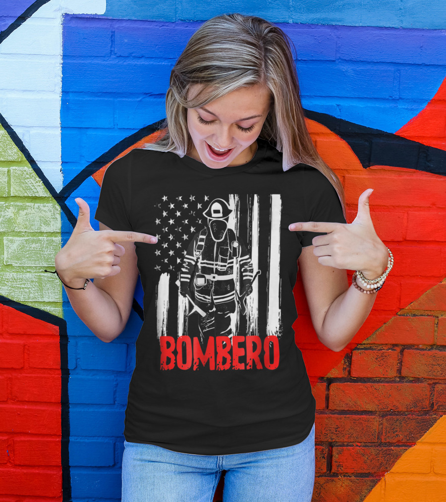 Bombero Hispanic Firefighter Silhouette With Distressed American Flag Background T-Shirt