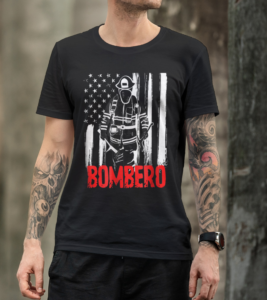 Bombero Hispanic Firefighter Silhouette With Distressed American Flag Background T-Shirt
