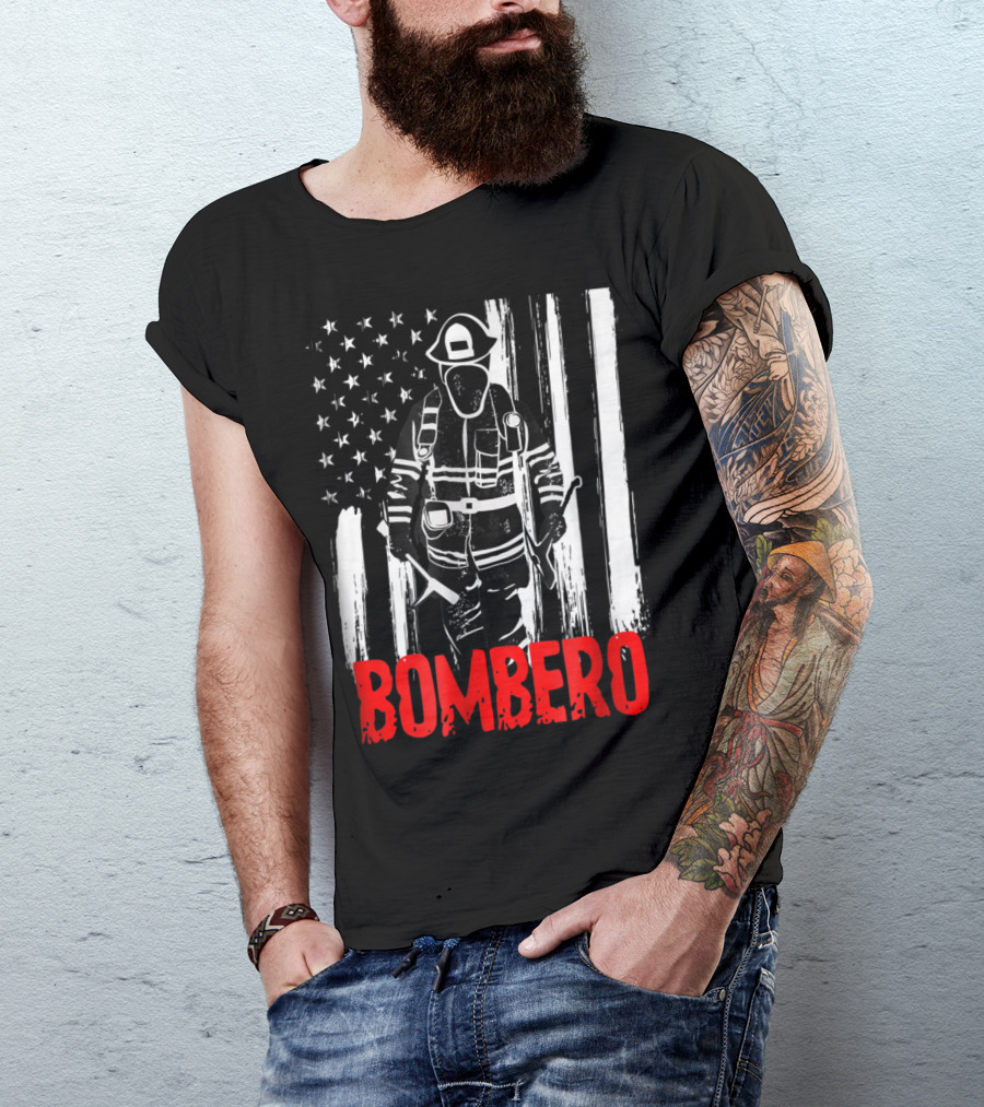 Bombero Hispanic Firefighter Silhouette With Distressed American Flag Background T-Shirt