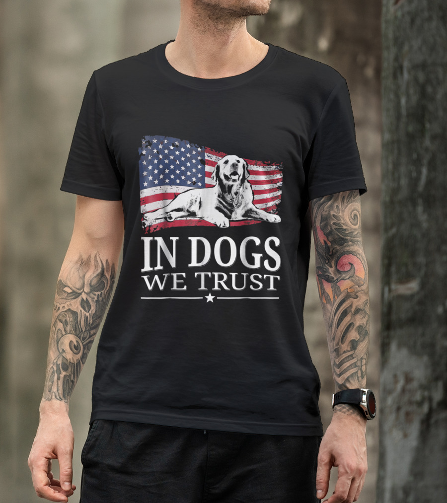 In Dogs We Trust Golden Retriever American Flag T-Shirt