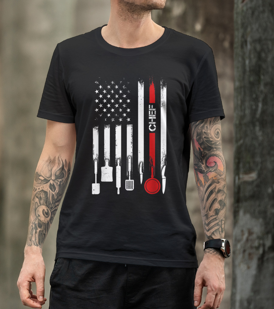 American Flag With Chef Utensils Vertical Stripes T-Shirt