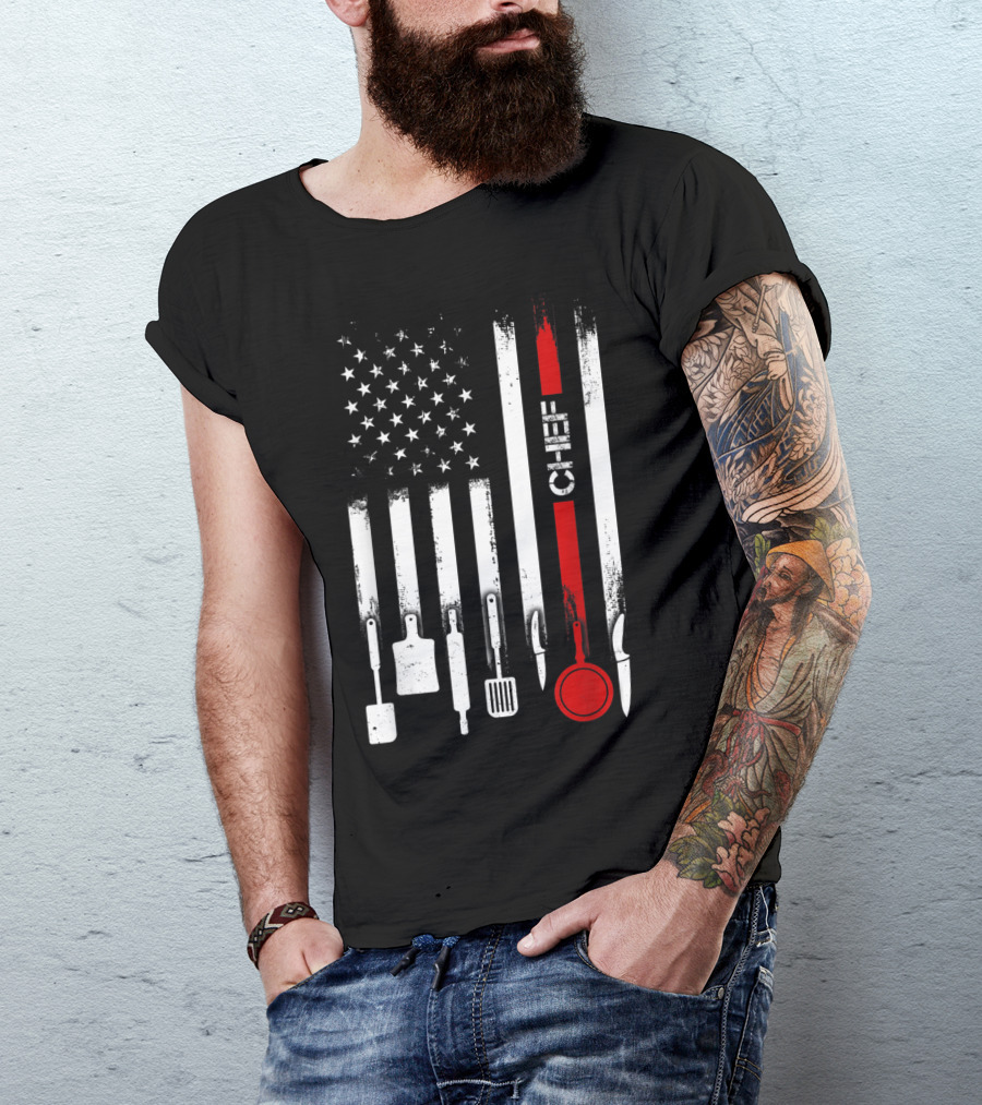 American Flag With Chef Utensils Vertical Stripes T-Shirt