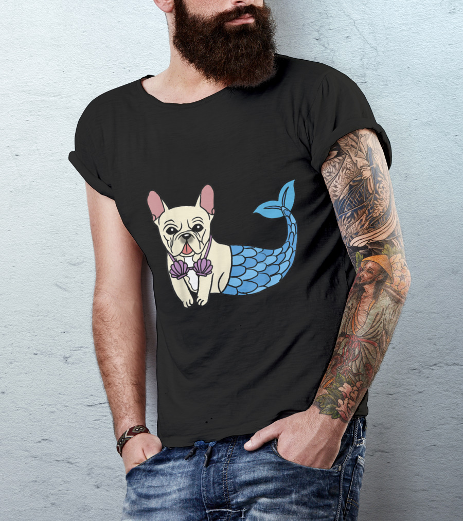 French Bulldog Mermaid With Shell Bra And Blue Tail T-Shirt