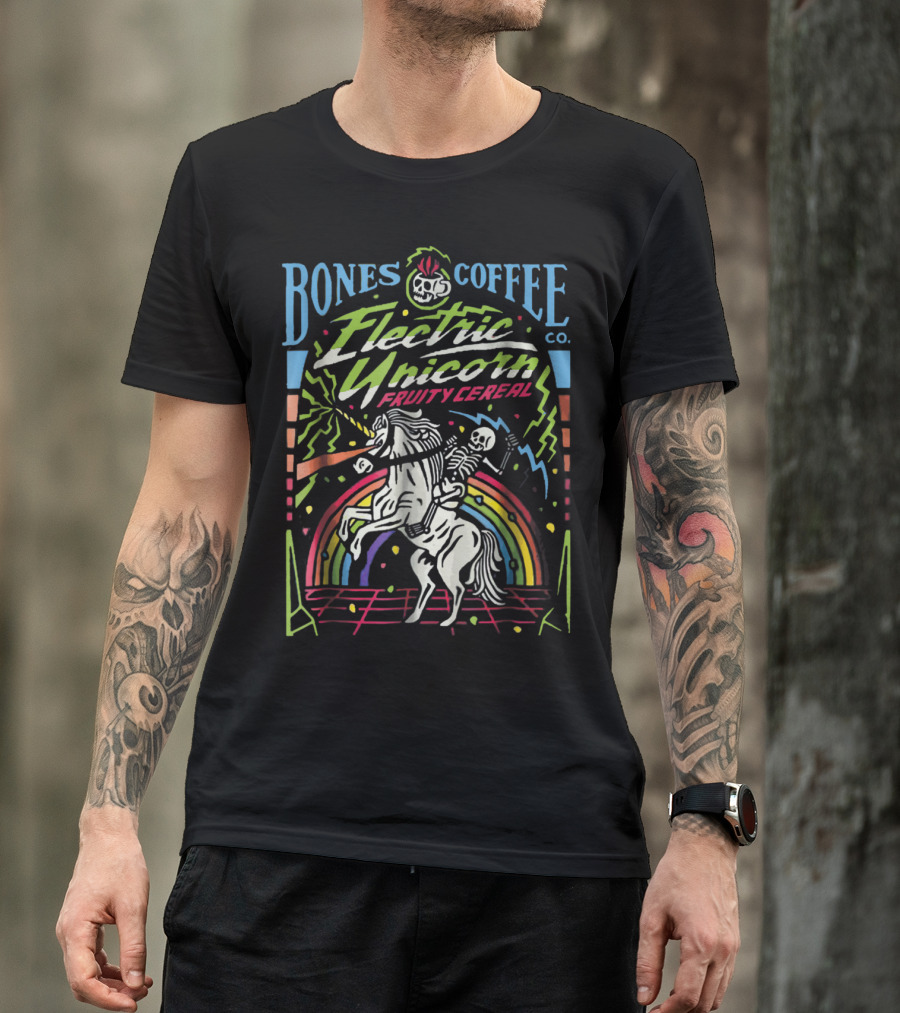 Bones Coffee Electric Unicorn Fruity Cereal Skeleton Riding Rainbow Laser Horse T-Shirt