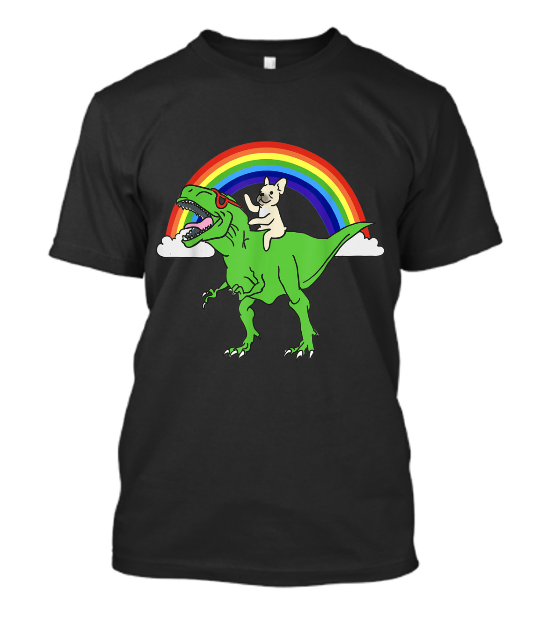 Cream French Bulldog Riding Dinosaur Under Rainbow T-Shirt