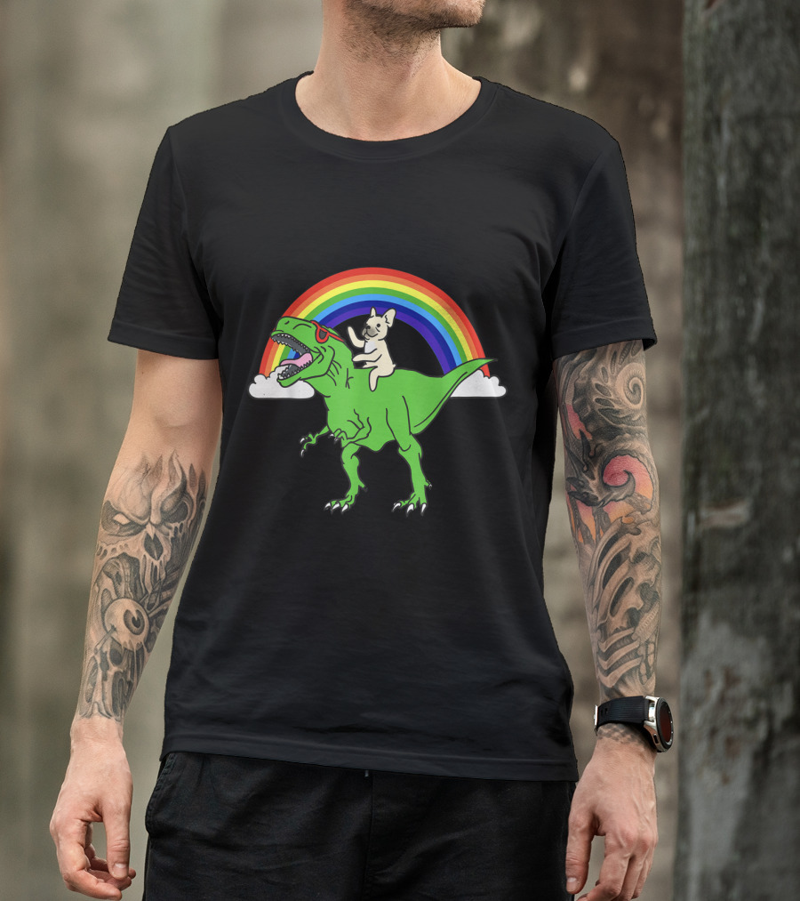 Cream French Bulldog Riding Dinosaur Under Rainbow T-Shirt