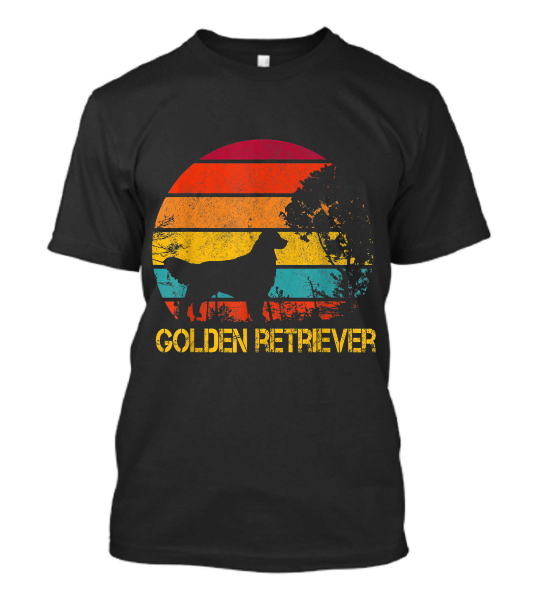 Golden Retriever Silhouette With Retro Sunset Stripe Background T-Shirt