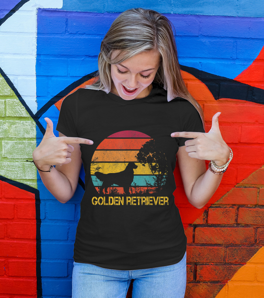 Golden Retriever Silhouette With Retro Sunset Stripe Background T-Shirt