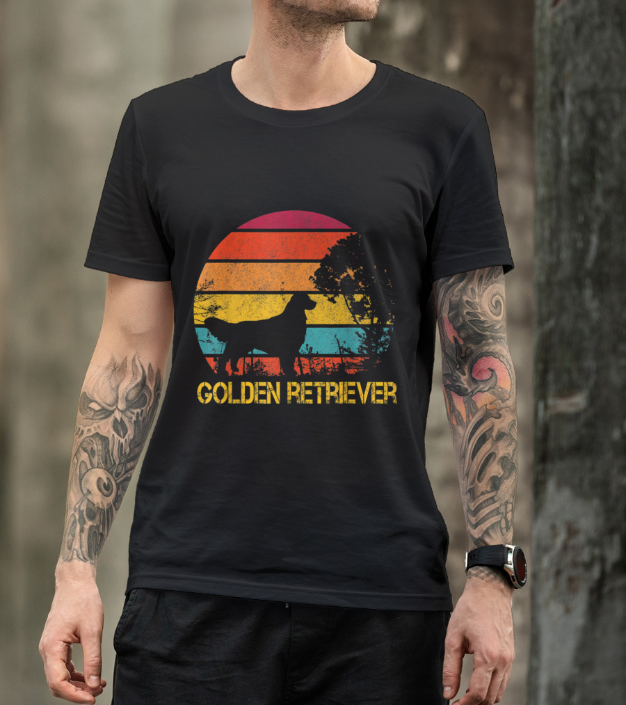Golden Retriever Silhouette With Retro Sunset Stripe Background T-Shirt