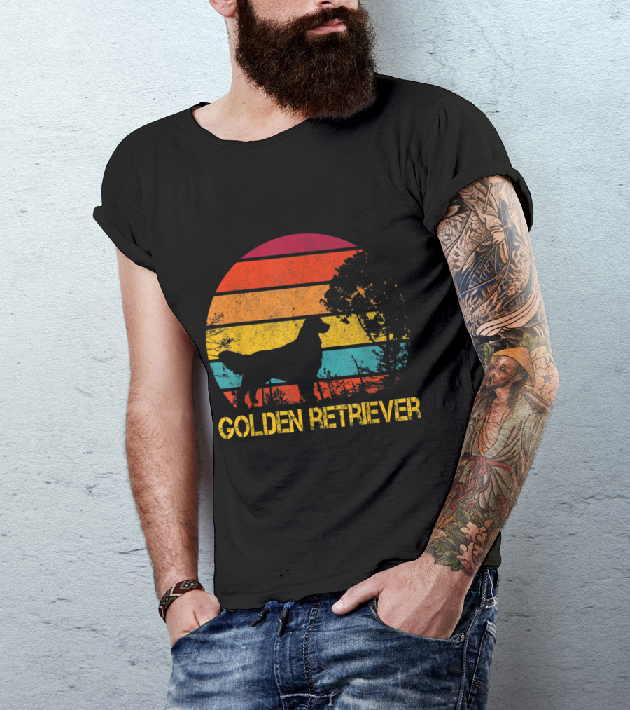 Golden Retriever Silhouette With Retro Sunset Stripe Background T-Shirt