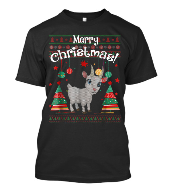 Merry Christmas Funny Goat With Festive Trees And Ornaments T-Shirt