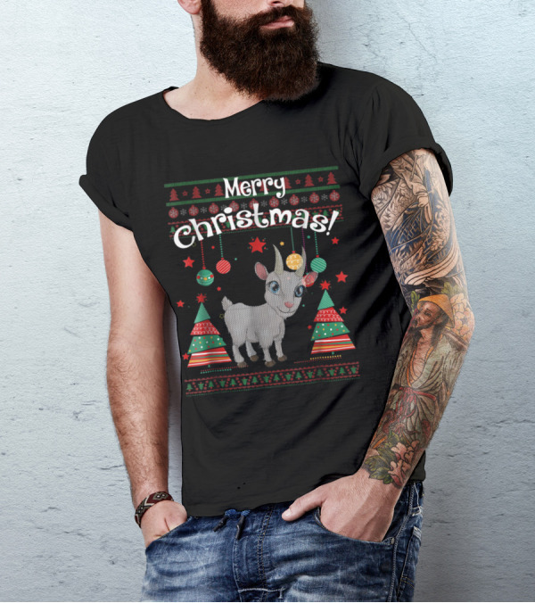 Merry Christmas Funny Goat With Festive Trees And Ornaments T-Shirt