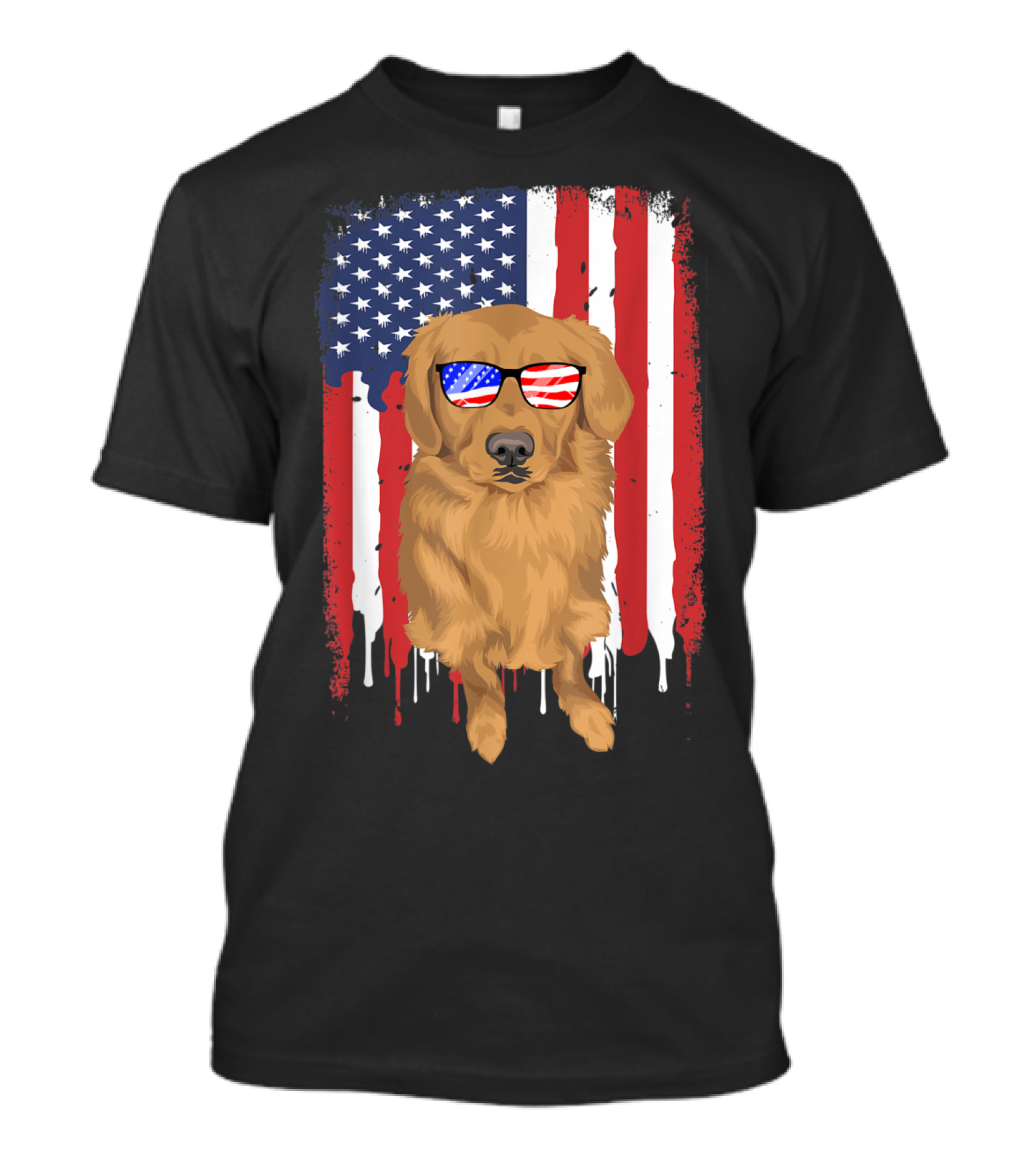 Golden Retriever Wearing USA Flag Sunglasses With American Flag Background T-Shirt