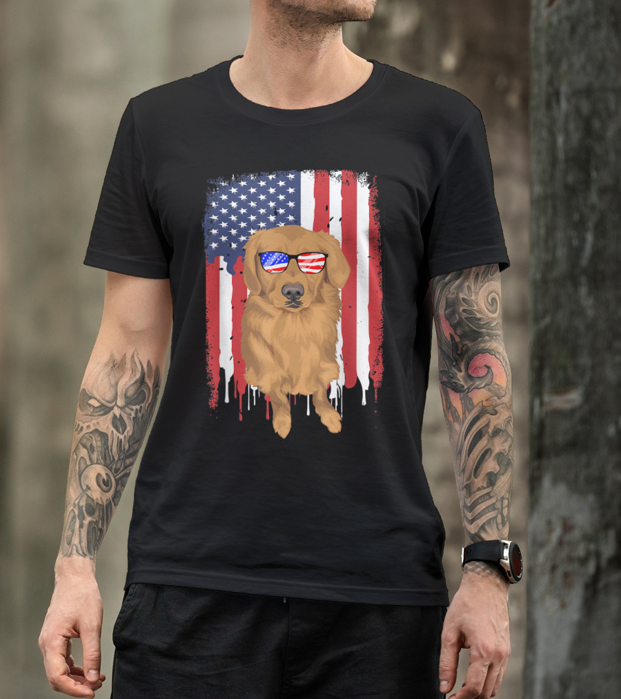 Golden Retriever Wearing USA Flag Sunglasses With American Flag Background T-Shirt