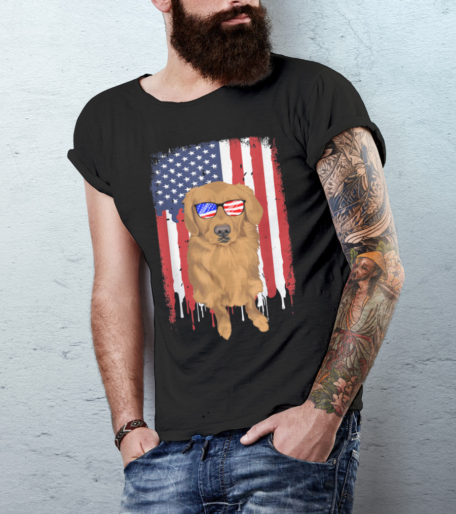 Golden Retriever Wearing USA Flag Sunglasses With American Flag Background T-Shirt