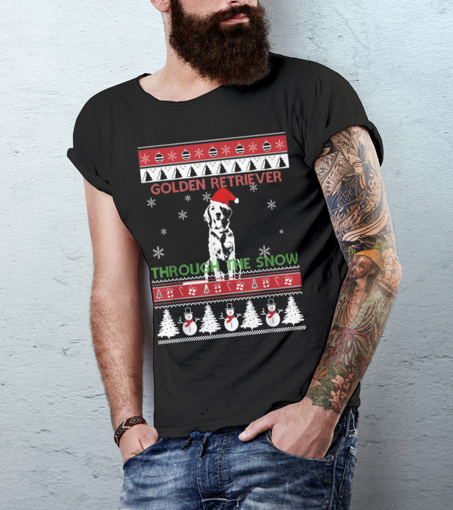 Golden Retriever Festive Snowflakes With Winter Trees And Snowmen Snow T-Shirt
