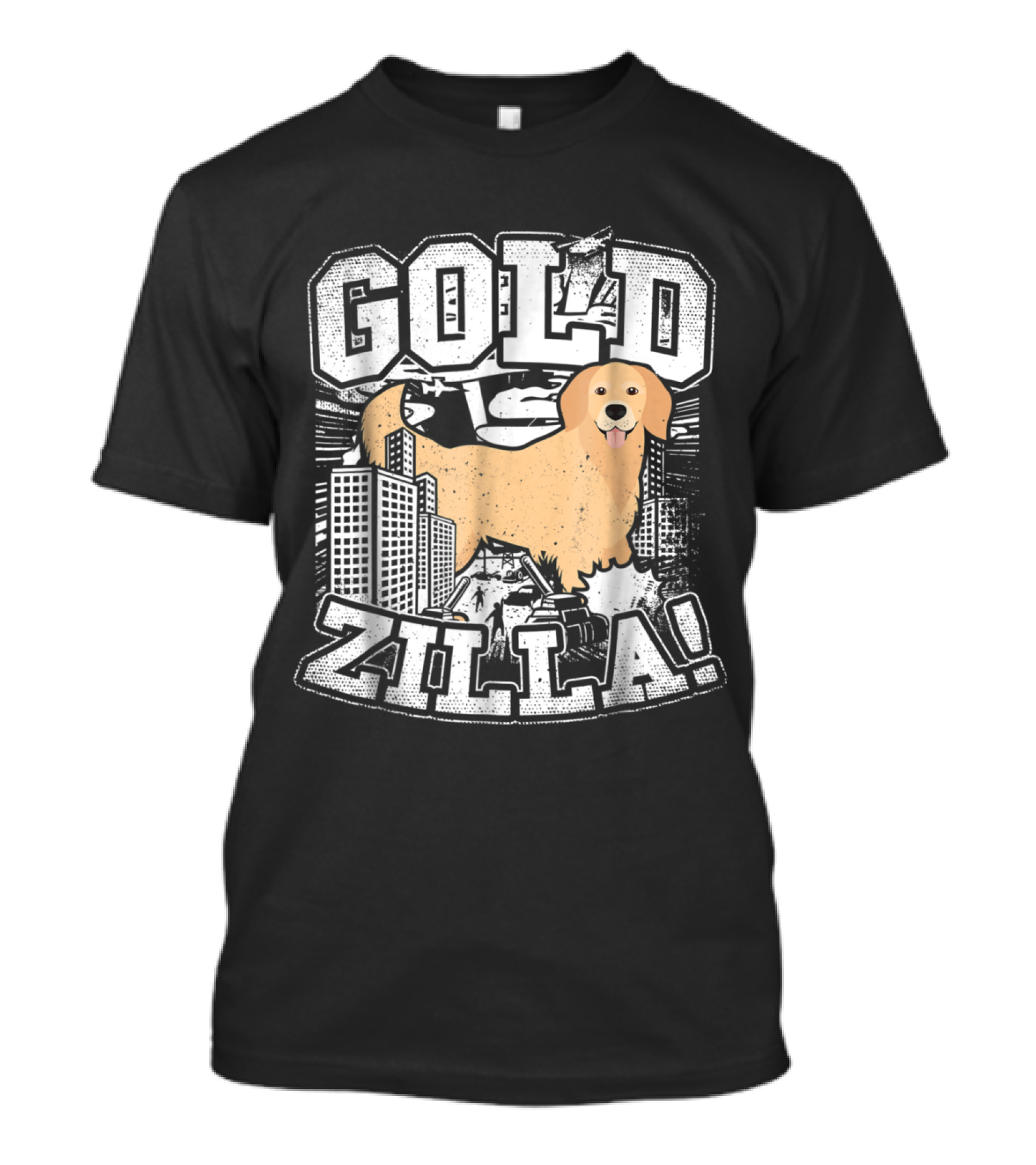 Goldzilla Golden Retriever Rampaging Through Cityscape T-Shirt