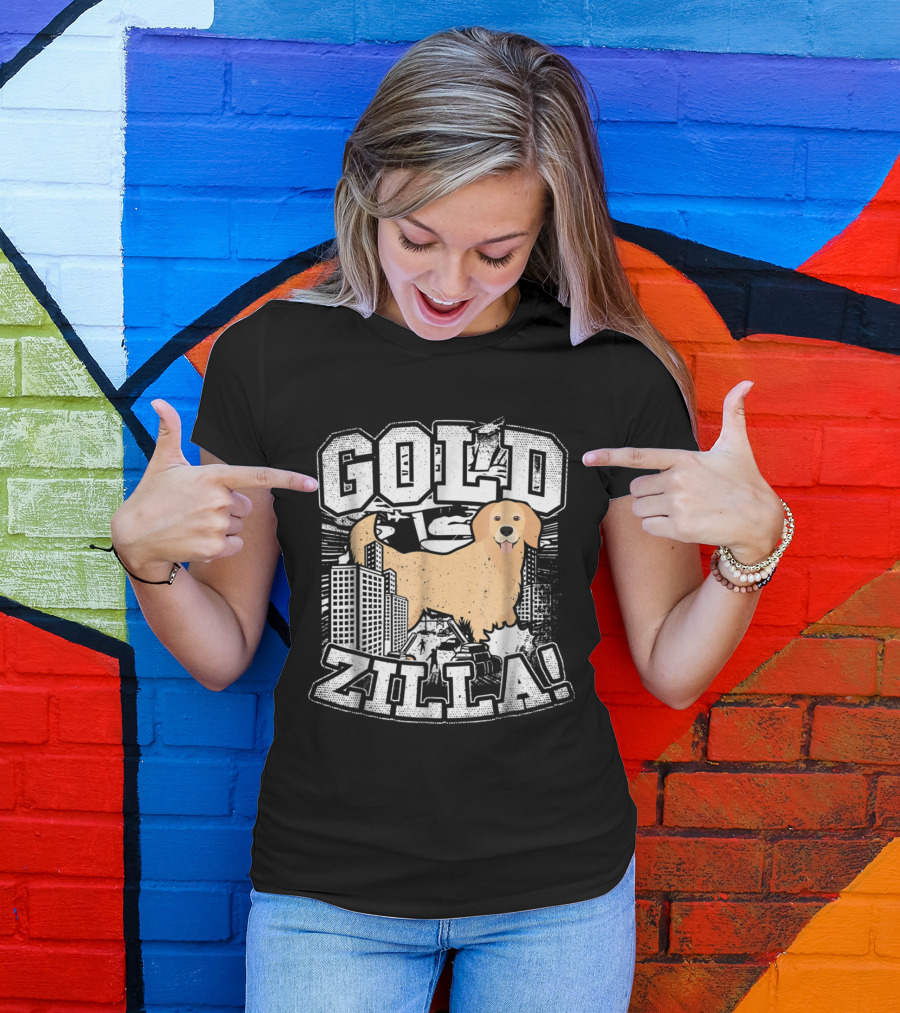 Goldzilla Golden Retriever Rampaging Through Cityscape T-Shirt