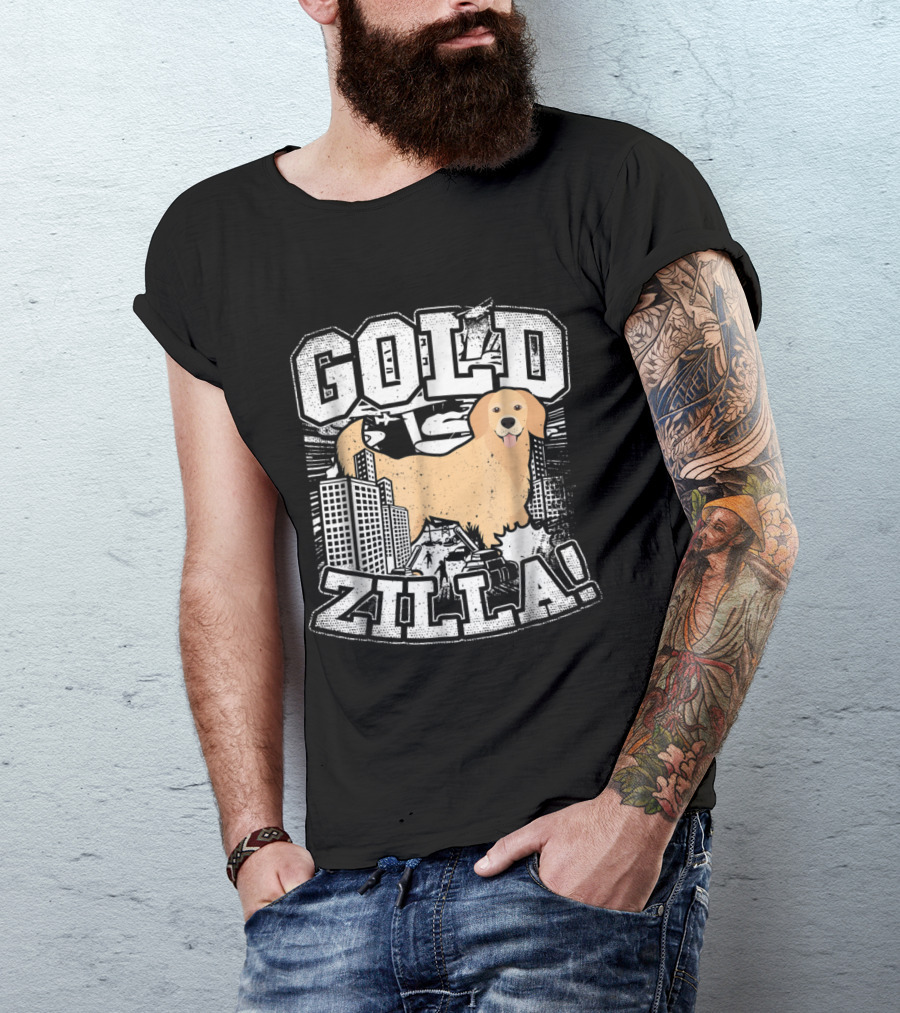 Goldzilla Golden Retriever Rampaging Through Cityscape T-Shirt