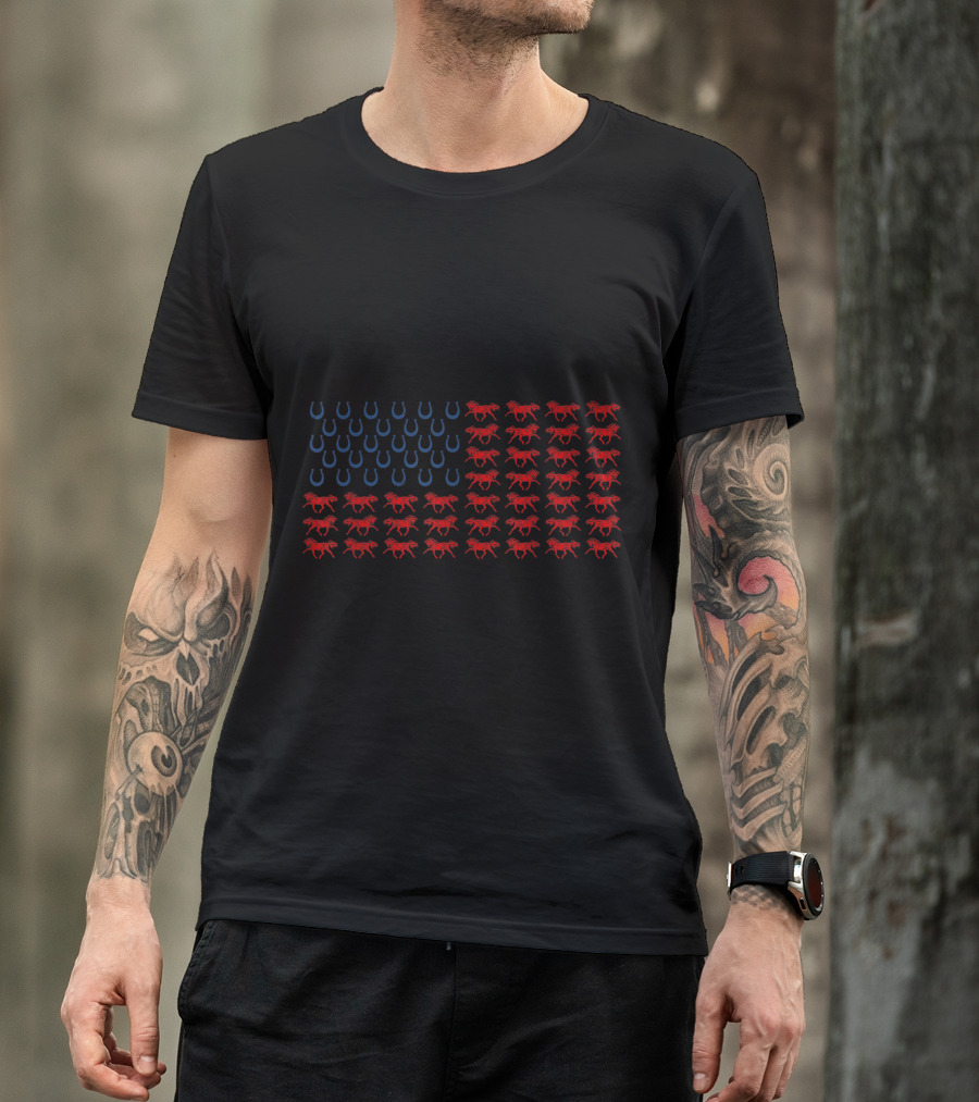 American Flag Made Of Horseshoes And Red Horses For 4th Of July T-Shirt