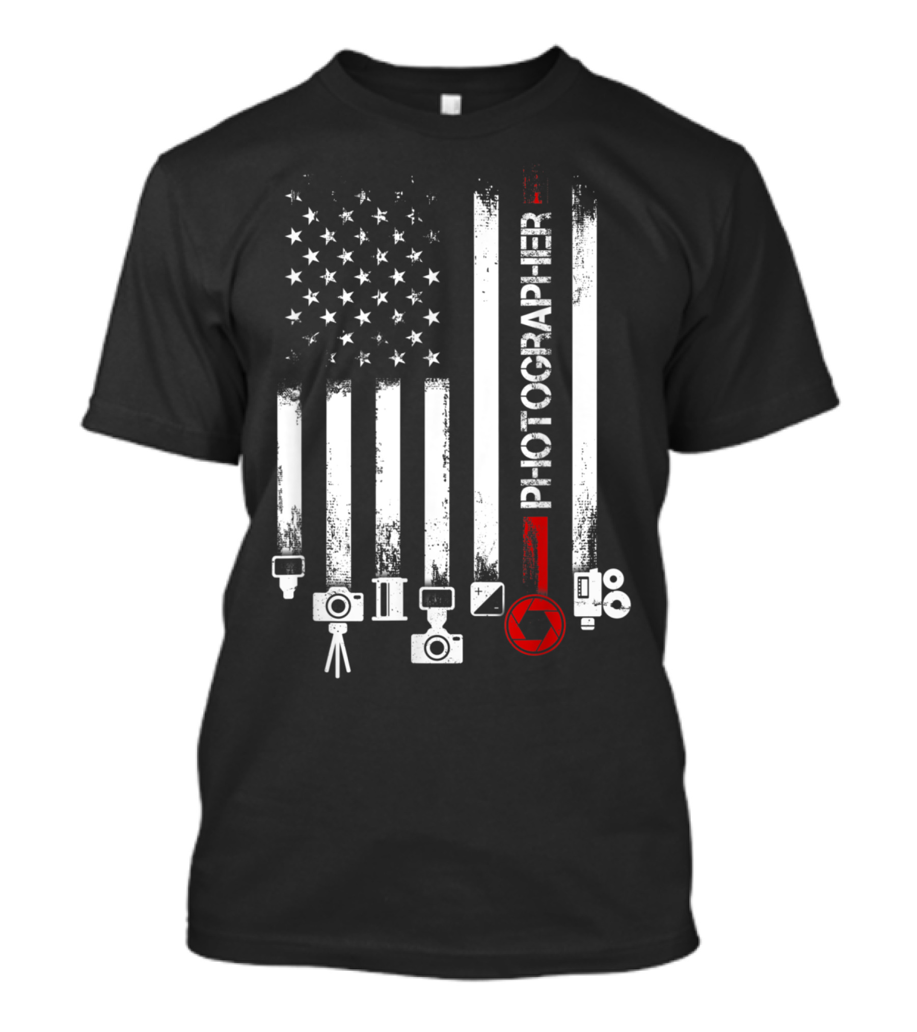 American Flag Photographer Camera Icons And Red Shutterstripe T-Shirt
