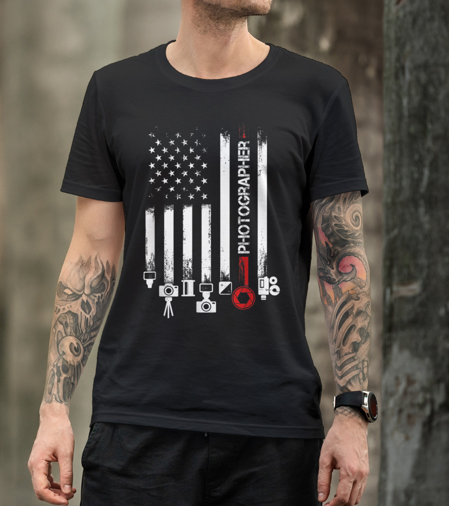 American Flag Photographer Camera Icons And Red Shutterstripe T-Shirt