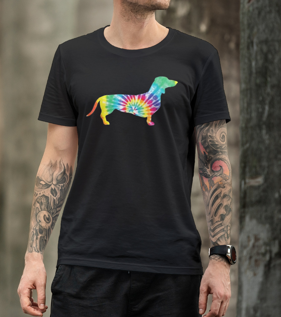Tie Dye Dachshund Silhouette Hippie Style Rainbow Colors T-Shirt