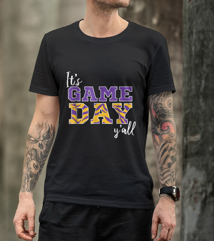 It's Game Day Y'all Purple And Tiger Stripe Letters T-Shirt