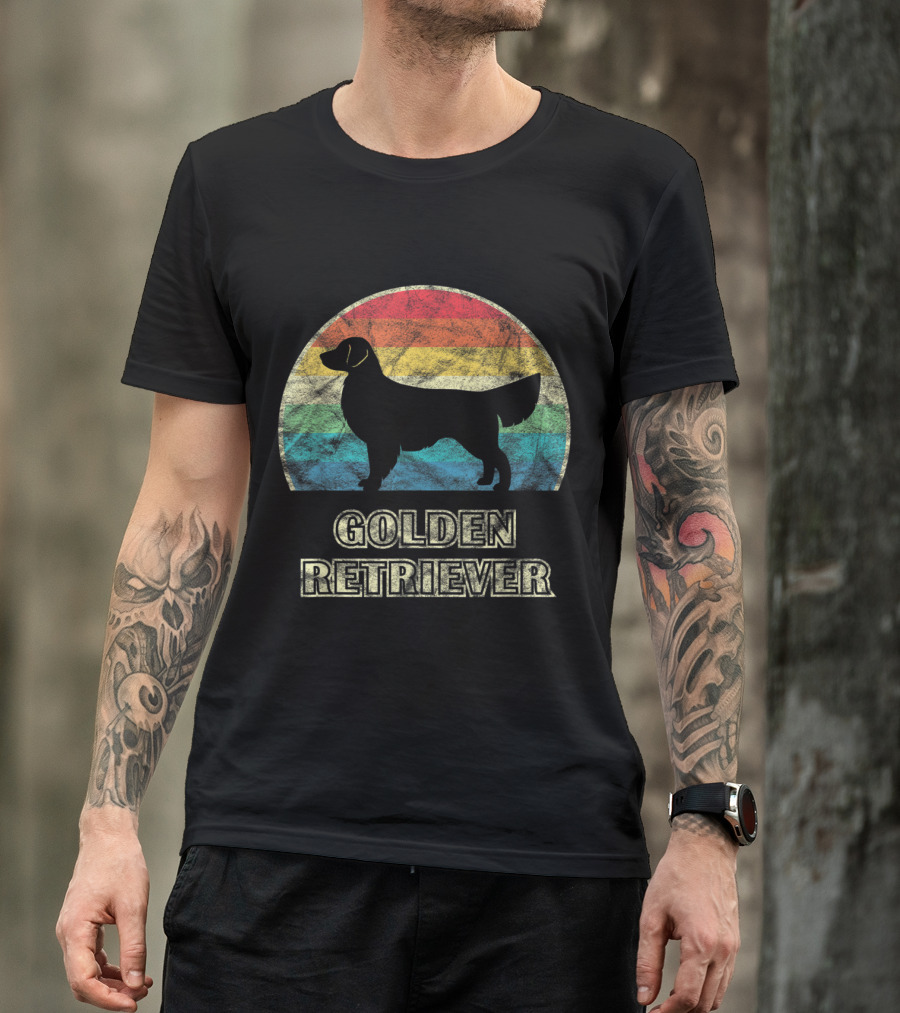 Golden Retriever Silhouette With Vintage Rainbow Circle T-Shirt