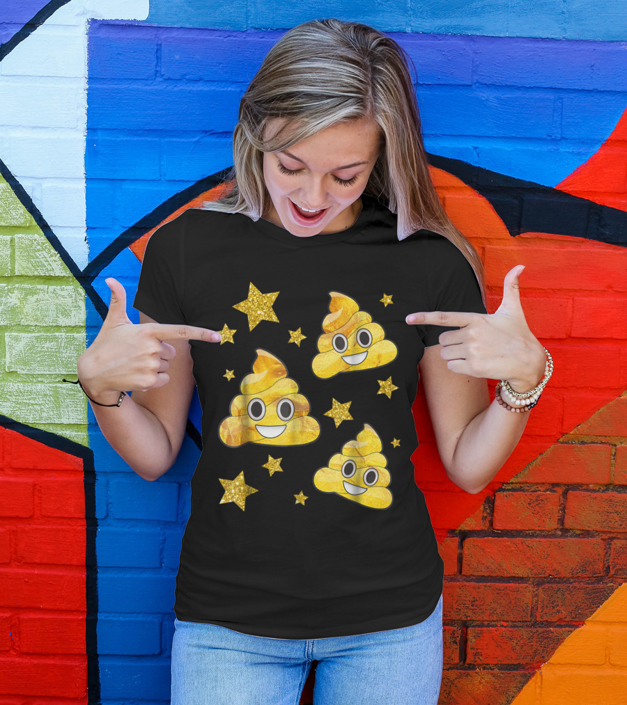 Golden Poop Emoji With Smiling Faces Surrounded By Glittering Stars T-Shirt