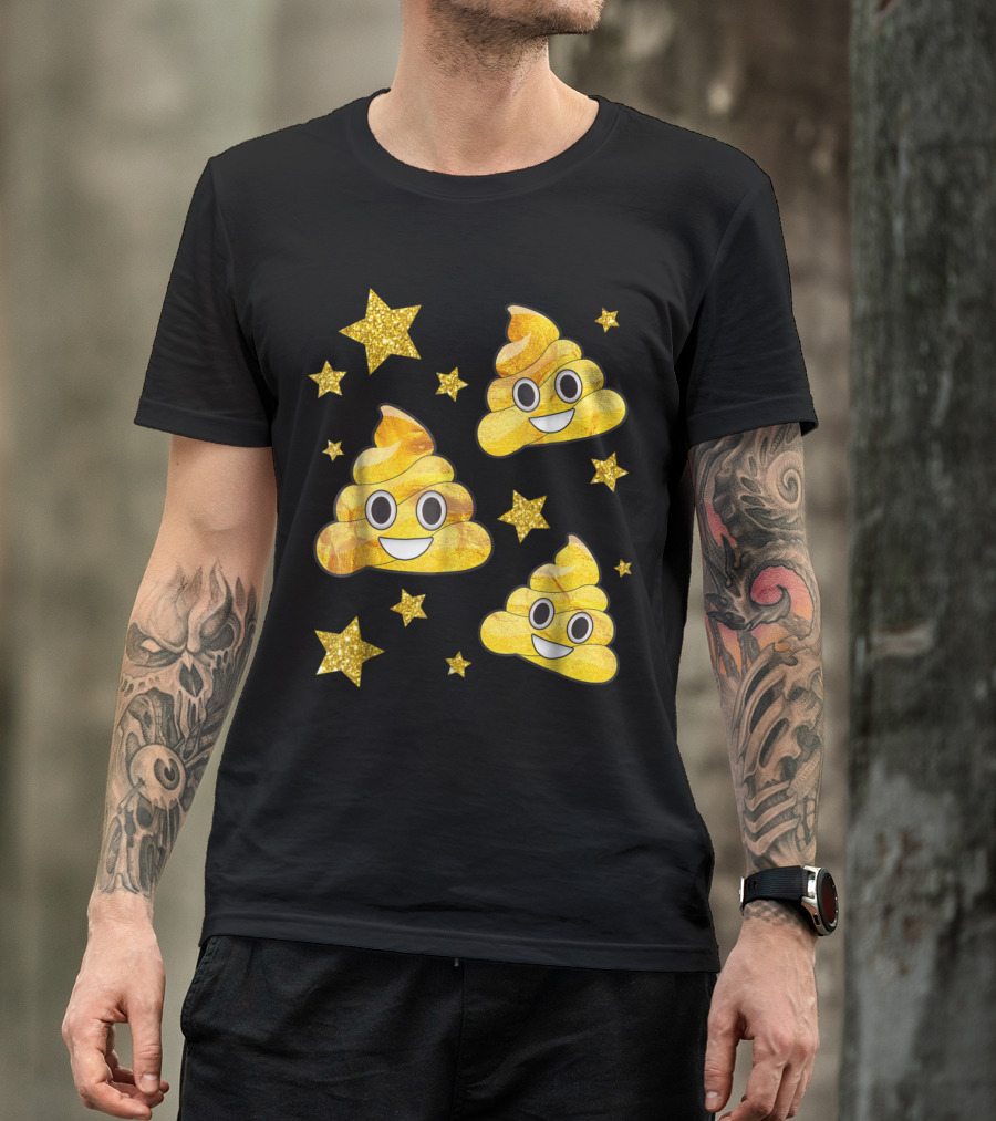 Golden Poop Emoji With Smiling Faces Surrounded By Glittering Stars T-Shirt