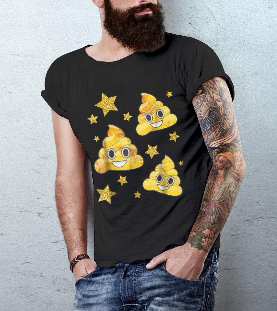 Golden Poop Emoji With Smiling Faces Surrounded By Glittering Stars T-Shirt