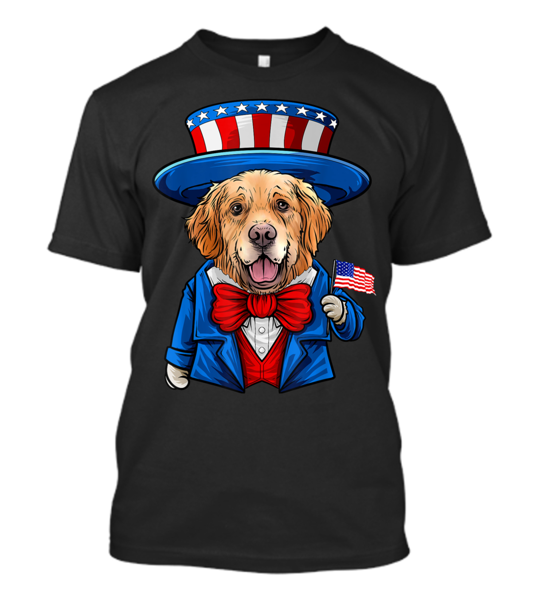 Golden Retriever In Uncle Sam Costume With American Flag For 4th Of July Fun T-Shirt