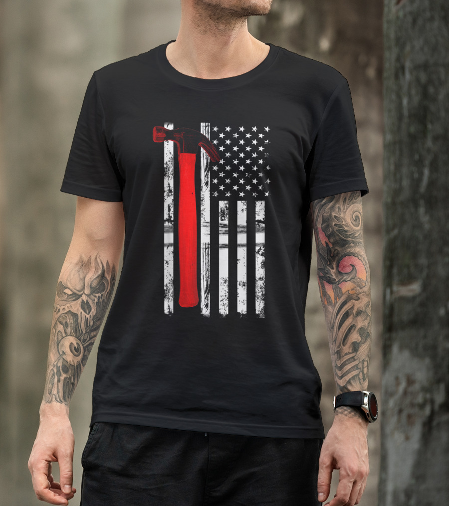 Worn American Flag With Red Hammer T-Shirt