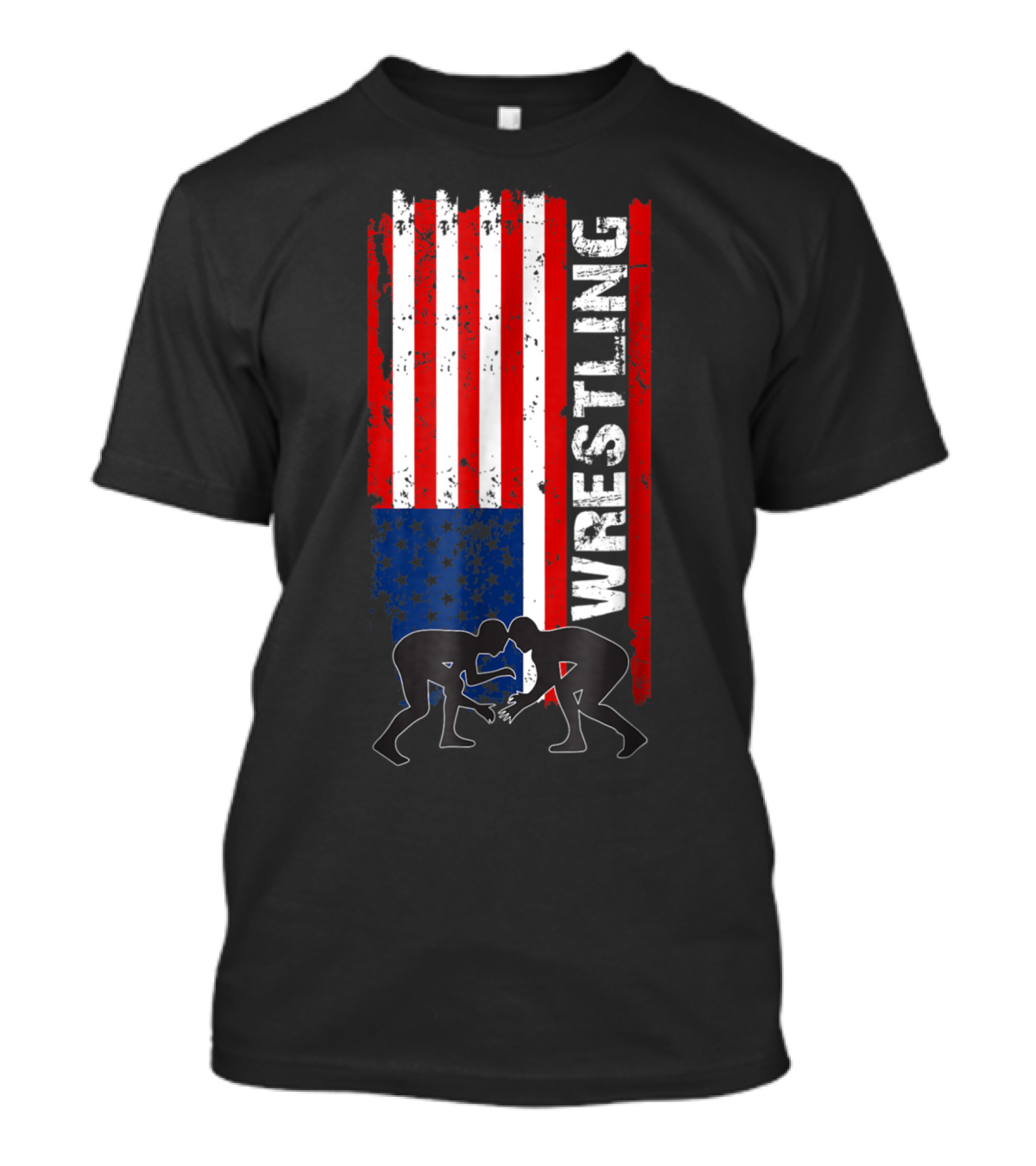 Wrestling Silhouettes On Distressed American Flag USA Sporting Pride T-Shirt