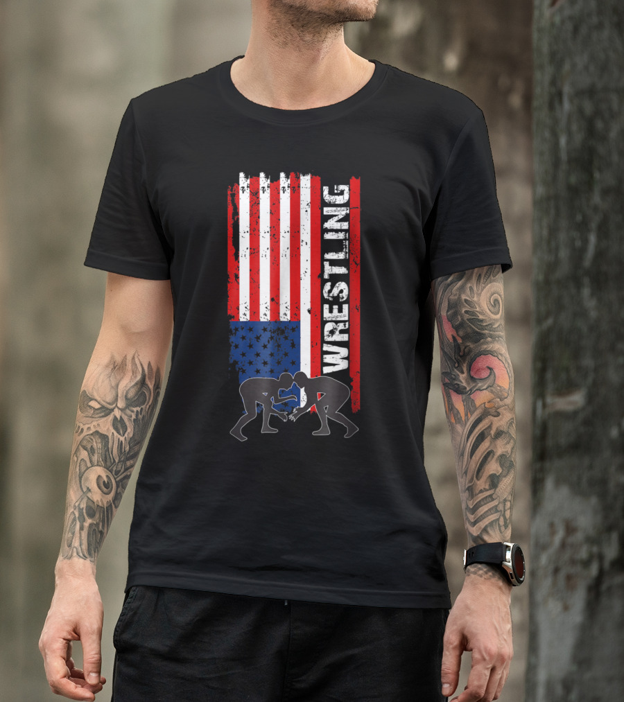 Wrestling Silhouettes On Distressed American Flag USA Sporting Pride T-Shirt