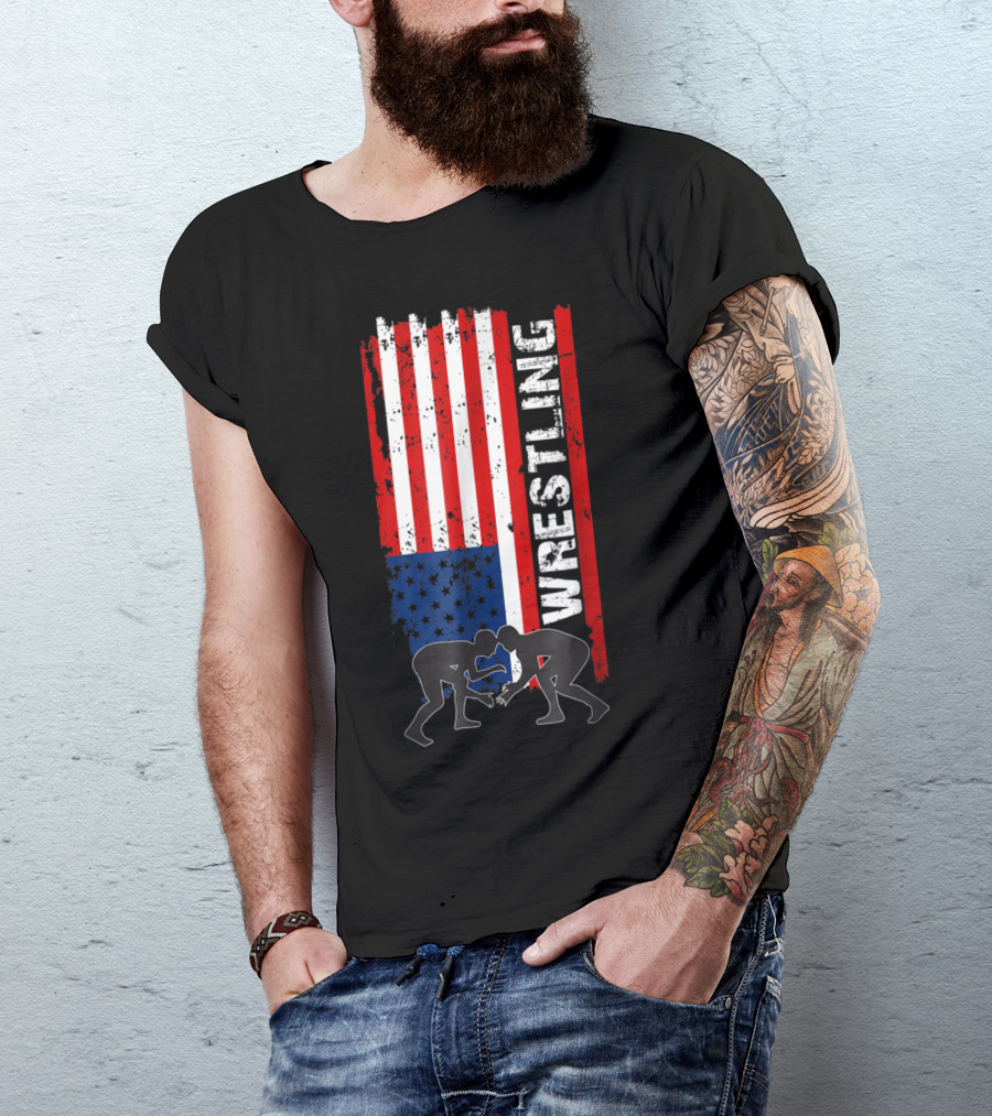 Wrestling Silhouettes On Distressed American Flag USA Sporting Pride T-Shirt