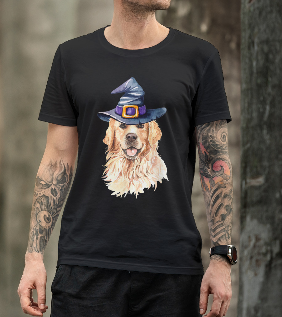 Golden Retriever In Witch Hat Illustration For Dog Lovers T-Shirt