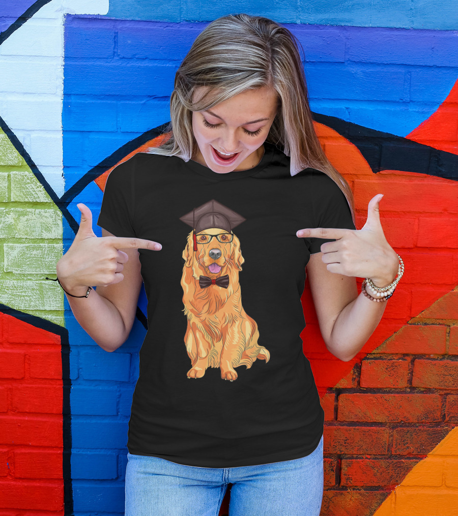 Golden Retriever Graduation Cap Glasses Bow Tie Happy Dog T-Shirt