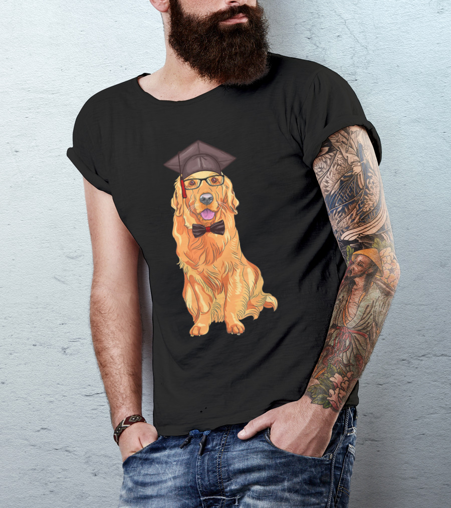 Golden Retriever Graduation Cap Glasses Bow Tie Happy Dog T-Shirt