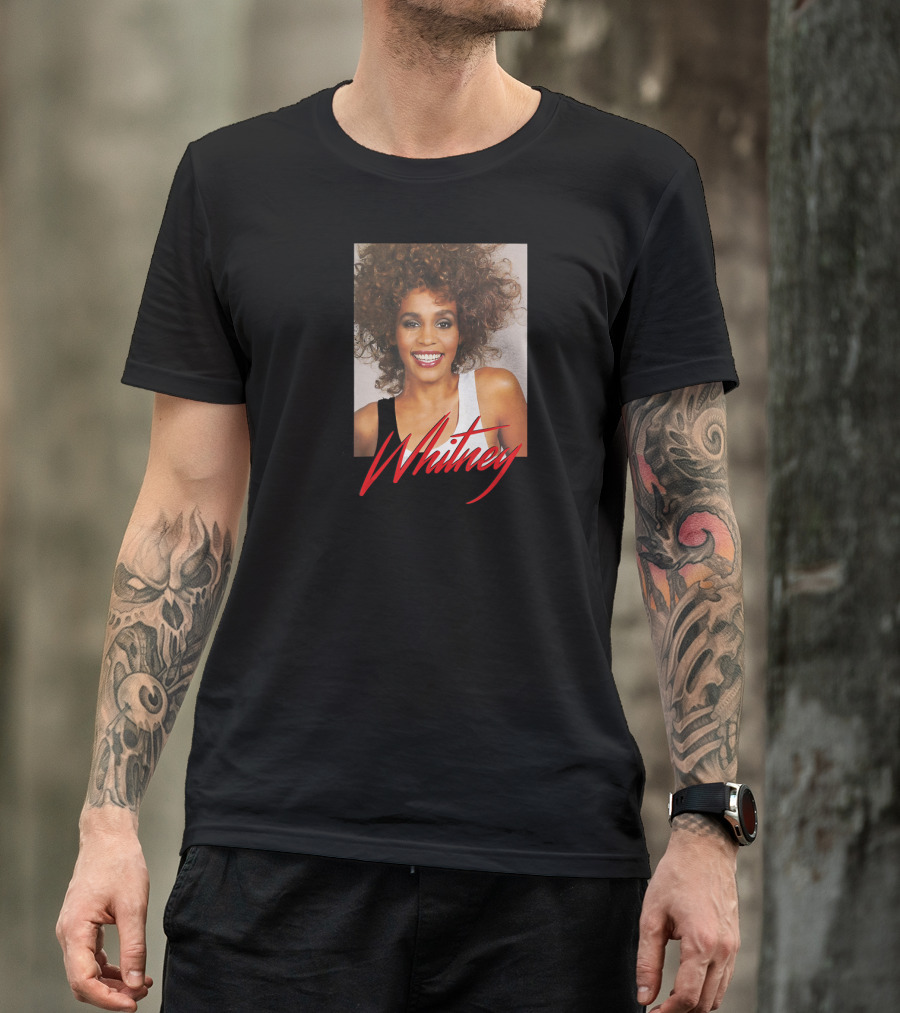 Whitney Houston Smile Photo Red Signature T-Shirt