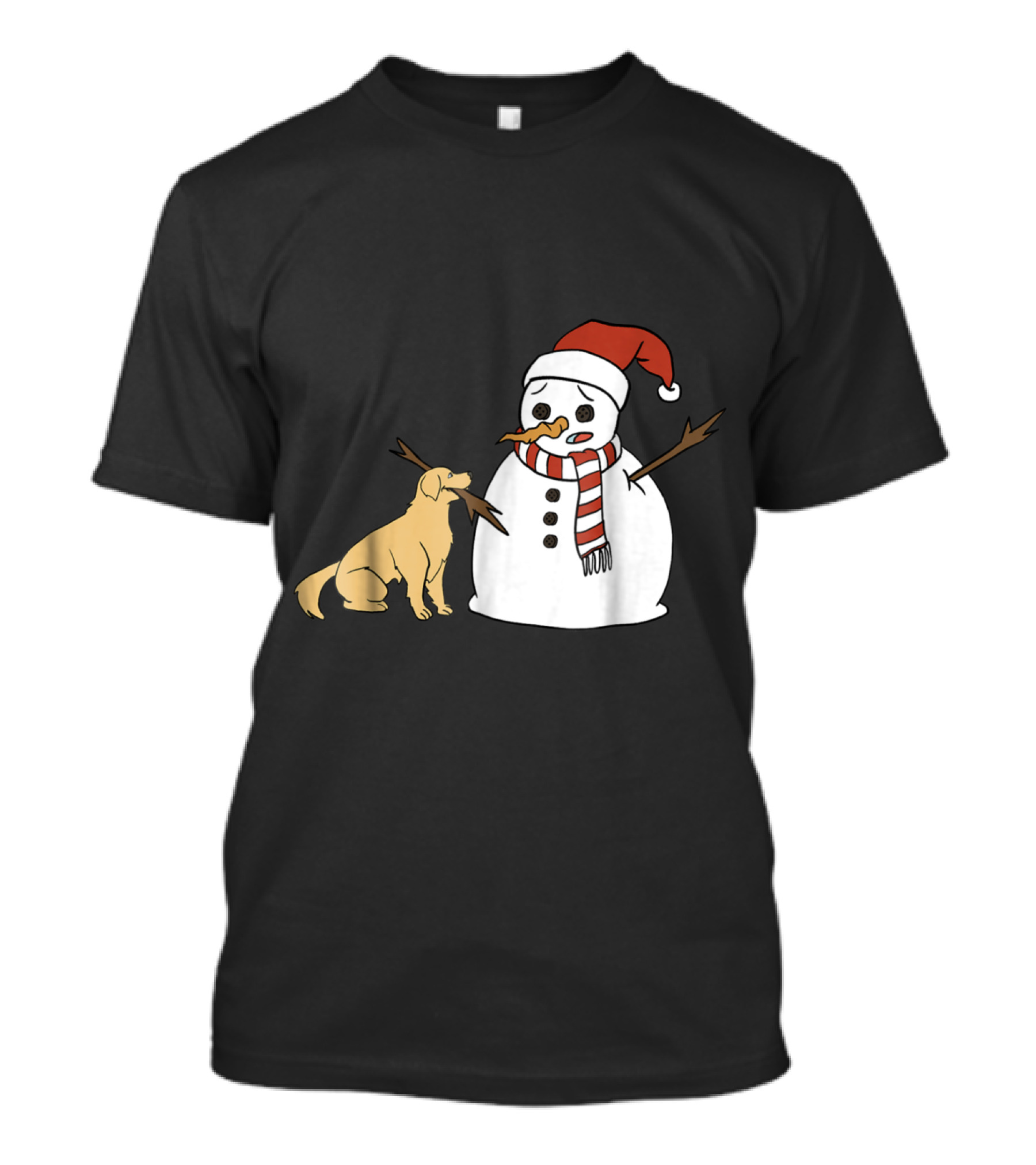 Golden Retriever Playfully Interacting With Snowman Wearing Santa Hat And Scarf T-Shirt