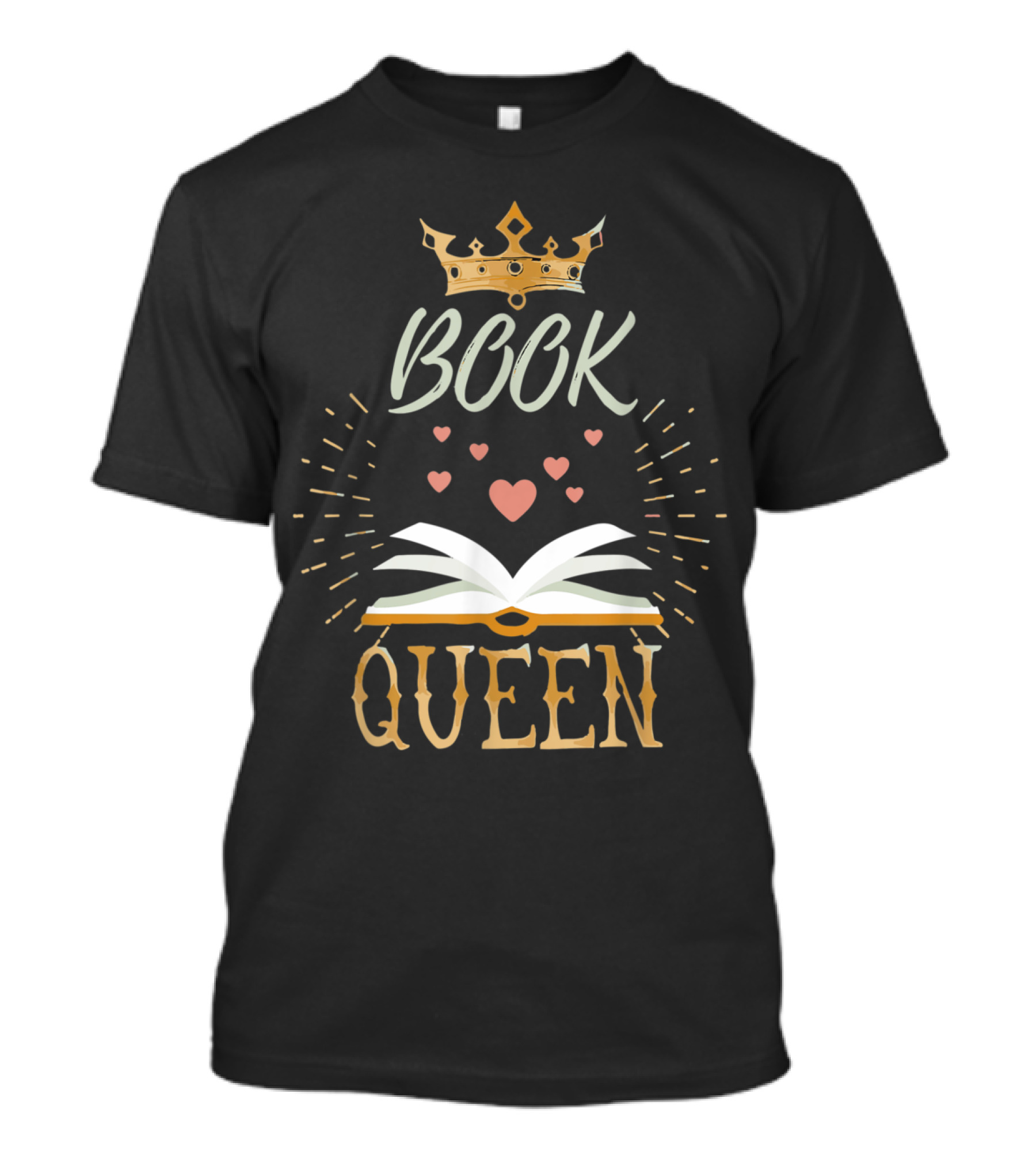 Book Queen Crowned Bookworm Open Book With Hearts For Book Lovers Reading T-Shirt