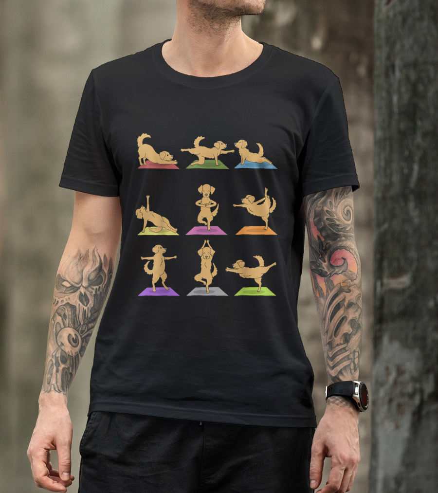 Golden Retriever Yoga Poses Funny Dogs Mat Colorful Fitness T-Shirt