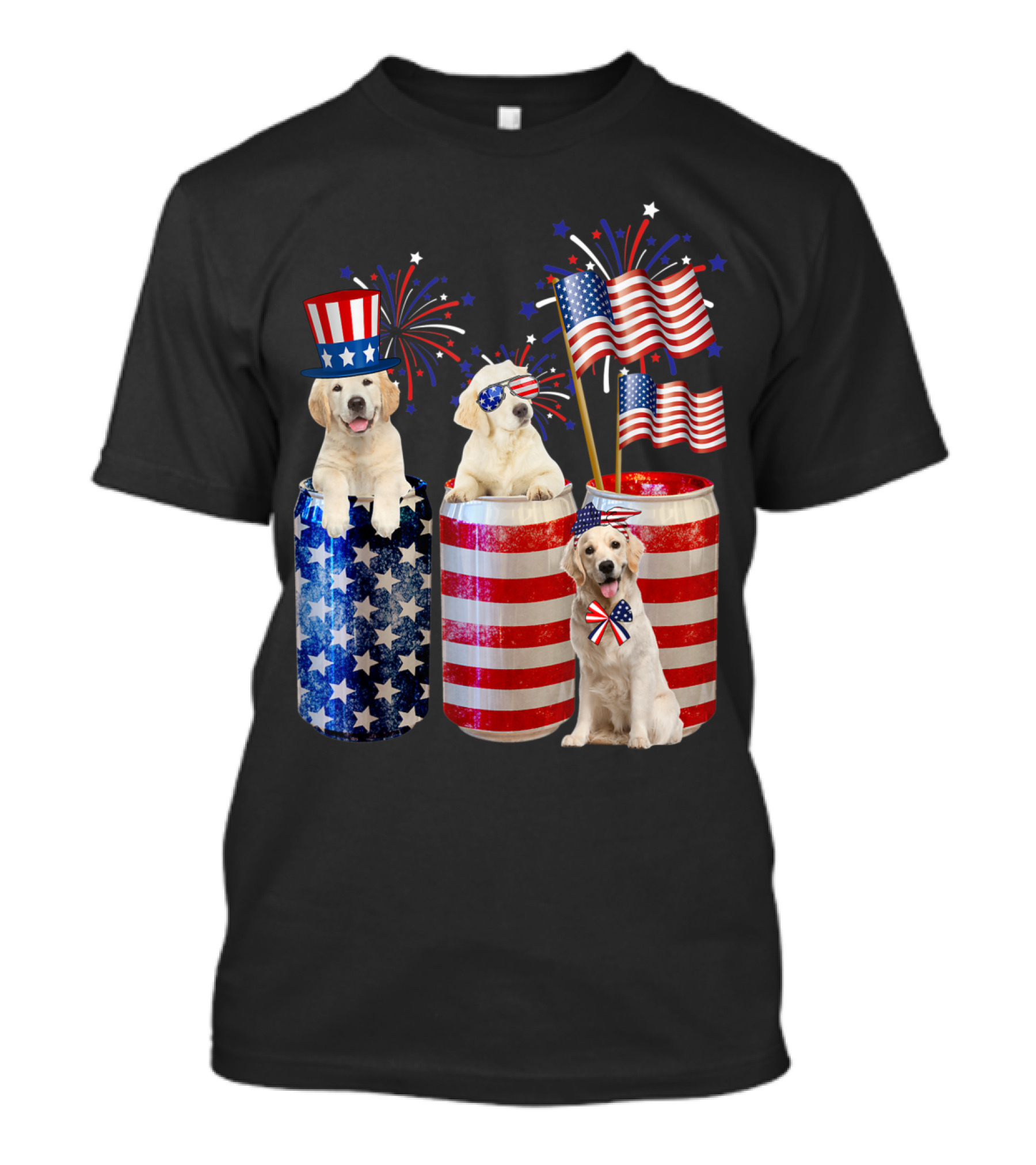 Golden Retrievers With Patriotic American Flags And Fireworks T-Shirt