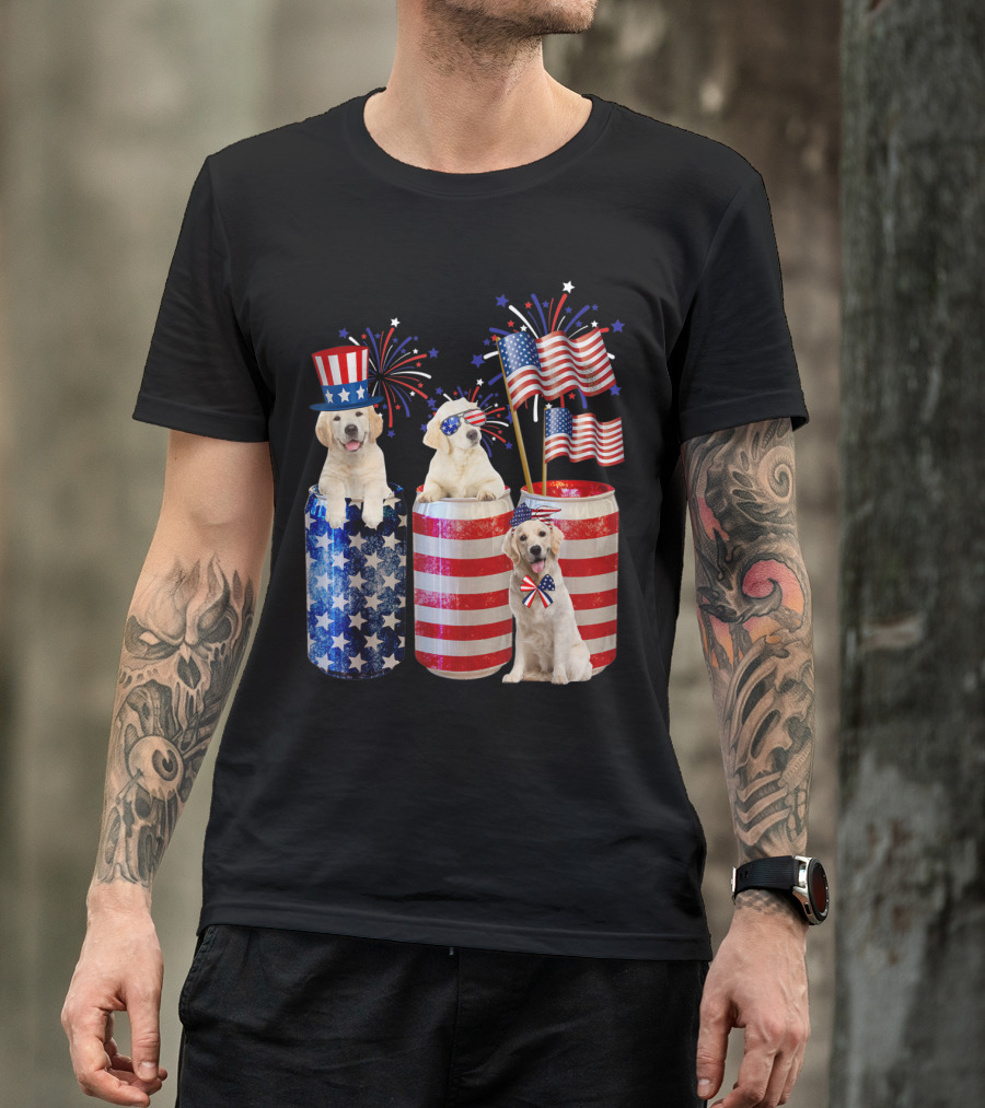 Golden Retrievers With Patriotic American Flags And Fireworks T-Shirt
