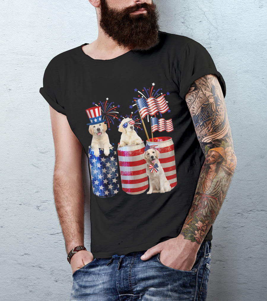 Golden Retrievers With Patriotic American Flags And Fireworks T-Shirt